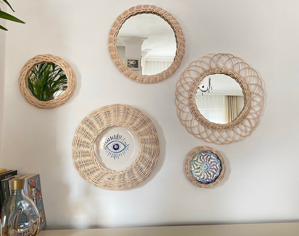WALL DECOR Set of 5 HANDMADE Rattan Bamboo Mirror Set Boho Etsy