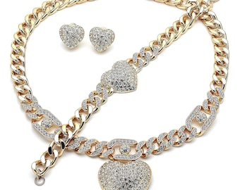 Gold Necklace HUGS & KISSES Necklace Set, Statement Cuban Link Crystal Necklace, XOXO Necklace Set  Heart Charm, A Nice Gift For Her