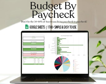 Puede incluir: Un ordenador portátil muestra una hoja de cálculo de presupuesto titulada "Budget By Paycheck". La pantalla muestra un rastreador de presupuesto, un gráfico circular y el texto "GOOGLE SHEETS | 1 TAB + SIMPLE & EASY TO USE." El texto también incluye "Don't be the 50-60% of Americans living paycheck to paycheck!"