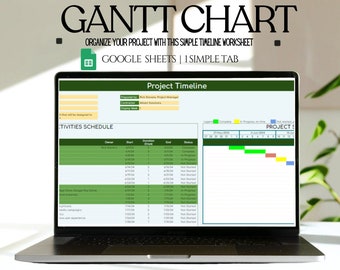 May include: A laptop screen displaying a Gantt chart template for project management. The chart is titled "Project Timeline" and includes a schedule of activities with start and end dates, duration, and status. The chart is designed to be used with Google Sheets.
