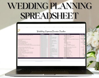 Puede incluir: Una pantalla de computadora portátil que muestra una hoja de cálculo de Google Sheets titulada "Wedding Expense/Invoice Tracker". La hoja de cálculo tiene columnas para categoría, subcategoría, monto facturado, proveedor y fecha de vencimiento. La hoja de cálculo está diseñada para ayudar a las parejas a realizar un seguimiento de sus gastos de boda.