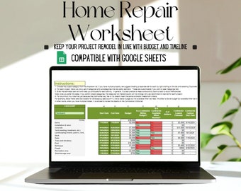 May include: A laptop computer displaying a spreadsheet titled "Home Repair Worksheet" with instructions for keeping a home remodel project on budget and timeline. The spreadsheet is compatible with Google Sheets and includes categories for backyard projects such as demo, installation and labor, concrete, landscaping, patio, deck, pool, fire pit and shrubbery, fencing, and storage area.