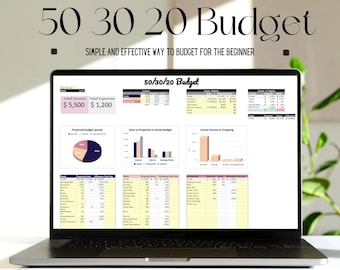 Puede incluir: Un ordenador portátil que muestra una hoja de cálculo de Google Sheets con una plantilla de presupuesto 50/30/20. La hoja de cálculo incluye gráficos y tablas para realizar un seguimiento de los ingresos y gastos. El texto "50 30 20 Budget" se muestra en la parte superior de la pantalla. El texto "SIMPLE AND EFFECTIVE WAY TO BUDGET FOR THE BEGINNER" se muestra debajo del título. El texto "GOOGLE SHEETS | INCLUDES CASH FLOW & BUDGET TEMPLATES" se muestra en la parte inferior de la pantalla.