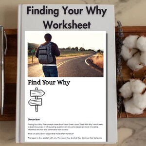 Peut inclure: Un cahier blanc intitulé "Finding Your Why Worksheet" avec le texte "Find Your Why" et une image d'une personne marchant sur une route. Un stylo argenté et des brins de coton sont sur une surface en bois.