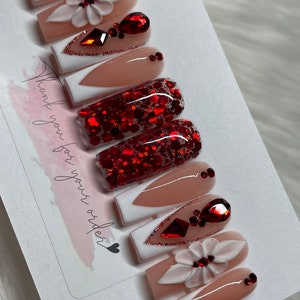 Red bling/French tip acrylic press on nails with 3D flower