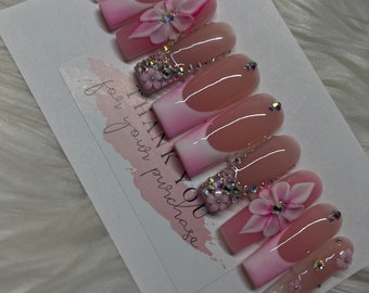 Pink 3D flower ombre bling acrylic press on nails