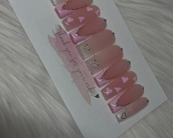 Pink V French Tip w/ Pink & Gold Hearts Acrylic Press on Nails
