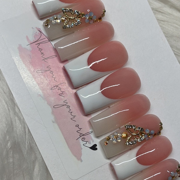 French tip/ombre acrylic press on nails with butterfly charm & bling