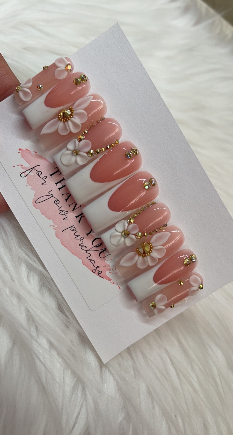 3d floral French tip acrylic press on nails