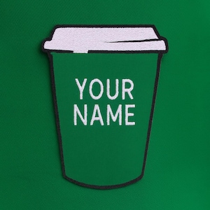 Custom Name Patch – Personalized Embroidery Name Patches | Coffee Cup Patch Iron-On Sew-On for Clothing, Barista/Caffeine Addict