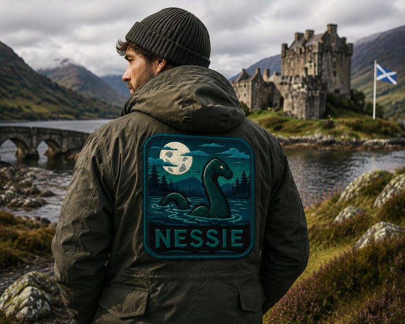 May include: An olive green hooded jacket featuring a large square patch on the back. The patch displays a dark green sea creature in water under a full moon, with the text "NESSIE" printed in bold, light-colored capital letters at the bottom.