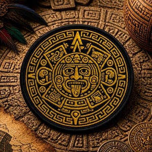 Pode incluir: Um emblema circular preto com um intrincado bordado dourado do calendário da pedra do sol asteca. O design apresenta um rosto central com a língua de fora, rodeado por padrões geométricos e símbolos com uma textura de relevo.
