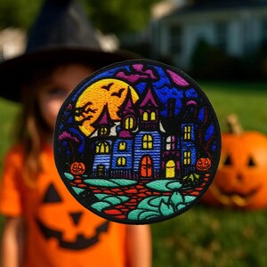 Haunted House Patch Iron On Sew On Embroidered Applique for Jackets Bags Halloween Costume, Spooky Mansion Badge, Moon, Bats, Pumpkin Decor