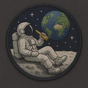 Puede incluir: Parche bordado circular que representa a un astronauta relajándose en la luna, sosteniendo una botella dorada, con la Tierra al fondo. El astronauta lleva un traje espacial blanco. El parche tiene un borde azul oscuro y un cielo estrellado.