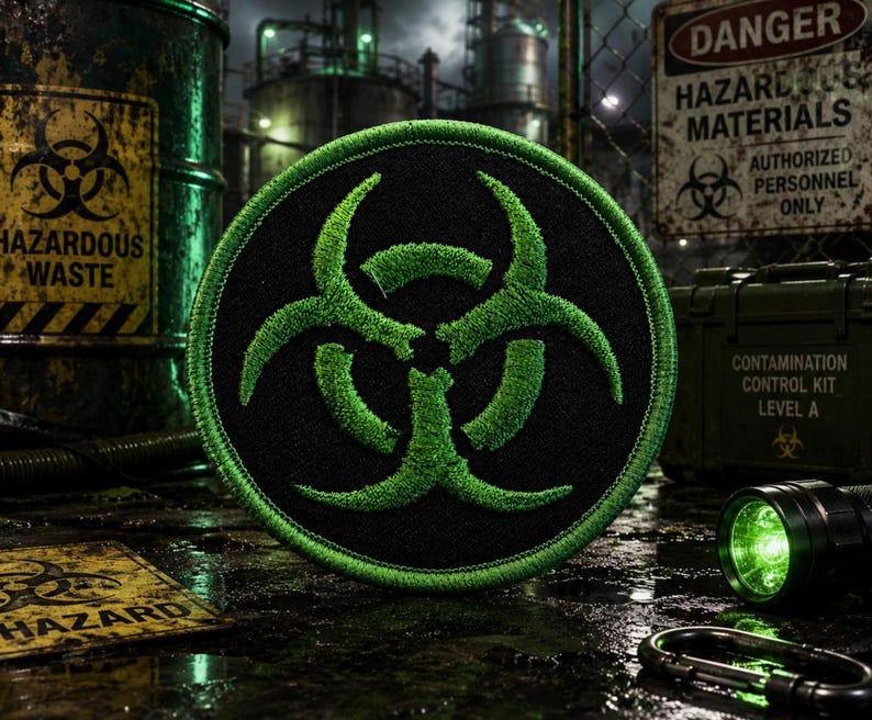 May include: A circular embroidered patch featuring a bright green biohazard symbol centered on a black background with a matching green stitched border. The design is clean and clearly defined, showcasing the iconic three-bladed hazard emblem.