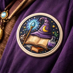 May include: A circular patch featuring a wizard theme. The patch includes a purple wizard hat with a crescent moon, an open book, a potion bottle, and a glowing wand. The patch is set against a dark blue background with stars.