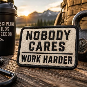 May include: A rectangular morale patch with a beige background and a black border. The patch features the black embroidered text NOBODY CARES above a horizontal line, with the text WORK HARDER positioned below the line in a bold font.