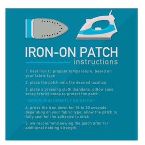 May include: A teal graphic with instructions for applying iron-on patches. The image features illustrations of two irons, one gray and one white with teal accents. Text reads "IRON-ON PATCH instructions" and provides step-by-step guidance for application.