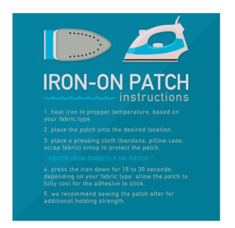 May include: A teal graphic with instructions for applying iron-on patches. The image features illustrations of two irons, one gray and one white with teal accents. Text reads "IRON-ON PATCH instructions" and provides step-by-step guidance for application.