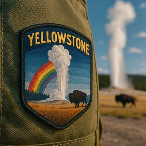 Iron-On Yellowstone Old Faithful Park Patch/Sew-On Clothing Applique/Geyser eruption with a rainbow mist and bison silhouette in foreground
