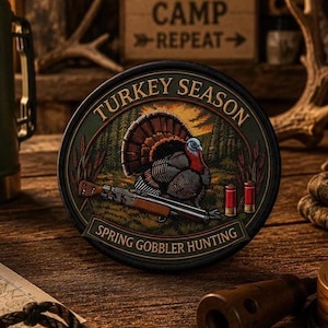 Può includere: Una toppa ricamata circolare raffigurante un tacchino selvatico, un fucile e due cartucce rosse. Il testo recita TURKEY SEASON e SPRING GOBBLER HUNTING. Il design include uno sfondo boschivo con tonalità verdi, marroni e arancioni.