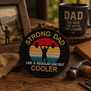 Puede incluir: Un parche bordado circular con borde negro que presenta un gráfico de atardecer en rojo, naranja, amarillo y azul. La silueta de una persona levantando una barra está centrada. El texto dice: STRONG DAD LIKE A REGULAR DAD BUT COOLER.