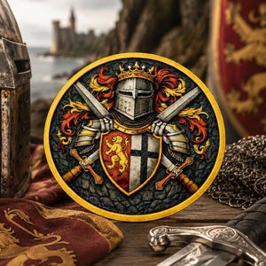 Puede incluir: Un emblema redondo de temática medieval, con un yelmo de caballero, espadas cruzadas y un escudo con un león y un diseño de cruz. El emblema tiene un borde dorado y se encuentra sobre un fondo borroso de un castillo y el mar.