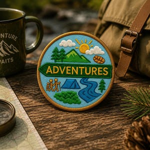 May include: A circular embroidered patch featuring a light blue background with a green arrow containing the text ADVENTURES. The design includes a yellow sun, white clouds, green mountains, pine trees, a blue tent, a river, and two hikers.