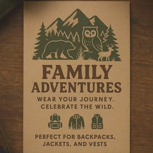 May include: A rectangular tan card featuring a dark green graphic of mountains, pine trees, a bear, an owl, and a deer. The text reads: FAMILY ADVENTURES, WEAR YOUR JOURNEY. CELEBRATE THE WILD. Icons of a backpack, jacket, and vest appear above the text: PERFECT FOR BACKPACKS, JACKETS, AND VESTS.