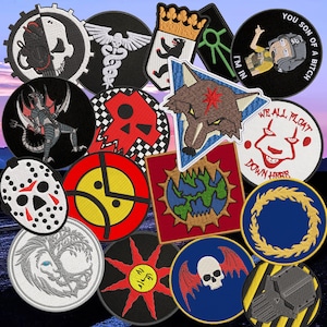 May include: A collection of various embroidered patches featuring diverse designs including skulls, a wolf head, a clown with text, a globe, a hockey mask, a sun, and other graphic symbols in circular, triangular, and square shapes.