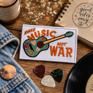 Make Music Not War Patch Guitar Iron-On Sew-On Applique for Jackets Backpacks Bags, Music Festival Gear, Retro Hippie Boho Vibes