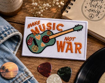 Make Music Not War Patch/Iron-On Patch/Guitar/Music Festival/Retro Hippie Boho Vibes/Sew-On Applique for Clothing, Vest/Jacket, Hat Backpack