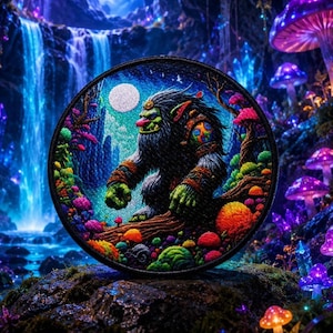 May include: A circular embroidered patch featuring a dark-furred creature with green skin and a pink nose standing on a log. The scene includes a bright full moon, a glowing waterfall, and vibrant, colorful mushrooms in a dense, bioluminescent forest.