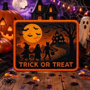 May include: A rectangular patch with an orange border featuring a Halloween scene of three children in costumes walking toward a haunted house under a large yellow moon, with bats in the sky and the text TRICK OR TREAT printed in orange at the bottom.