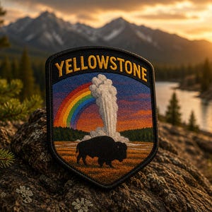May include: A shield-shaped embroidered patch featuring the word YELLOWSTONE in yellow text at the top. The design depicts a black bison silhouette in the foreground, a white geyser erupting in the center, and a vibrant rainbow against a sunset sky.