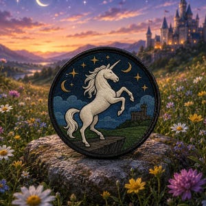 Può includere: Una toppa ricamata circolare raffigurante un unicorno bianco che si impenna su una roccia contro un cielo notturno blu scuro con stelle dorate e una luna crescente, sopra un paesaggio verde con la sagoma di un piccolo castello.