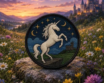 May include: A circular embroidered patch featuring a white unicorn rearing on a rock against a dark blue night sky with gold stars and a crescent moon, set above a green landscape with a small stone castle silhouette and a black border.
