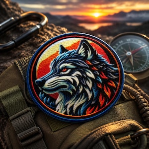 Puede incluir: Parche bordado circular con un diseño de cabeza de lobo, ojos rojos y un fondo de puesta de sol. El parche tiene un borde azul y presenta colores azul, rojo, naranja y blanco. En el fondo se ven una brújula, un mosquetón y una mochila.