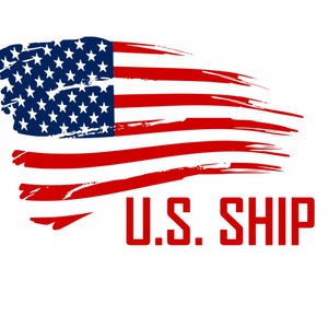 May include: A distressed American flag with red and white stripes and blue stars. The text "U.S. SHIP" is written in red below the flag.