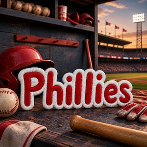 Pode incluir: Imagem com tema de beisebol com a palavra "Phillies" em vermelho e branco, uma bola de beisebol, um capacete, uma luva e um bastão. A cena é ambientada em um dugout com um estádio ao fundo.