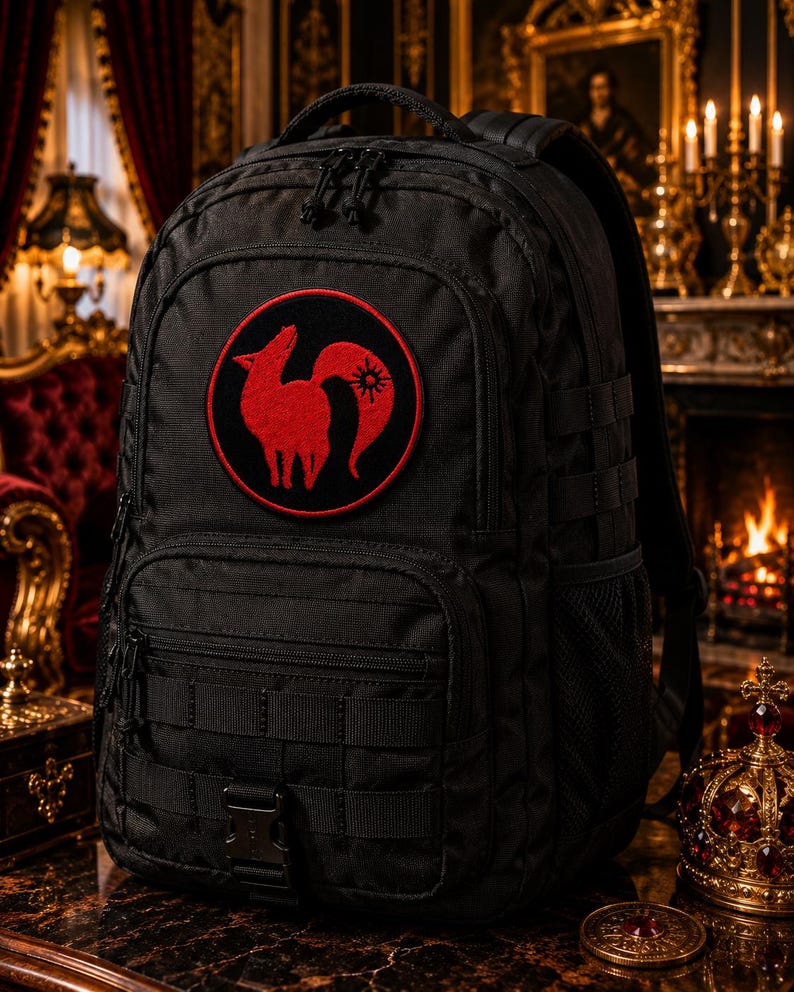 Pode incluir: Uma mochila t&aacute;tica preta com um emblema circular vermelho no bolso frontal. O emblema exibe a silhueta estilizada de uma raposa vermelha com um s&iacute;mbolo solar na cauda. A mochila inclui v&aacute;rios compartimentos com z&iacute;per e tiras de fixa&ccedil;&atilde;o.
