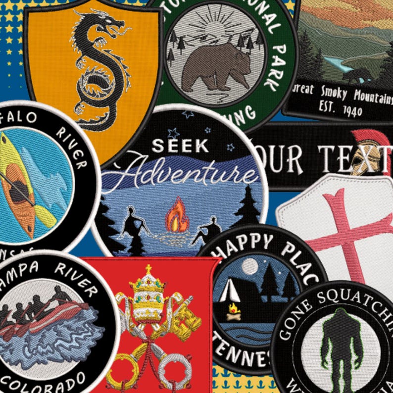 May include: A collection of embroidered patches with various designs. Included are patches with a dragon, a bear in a national park, a kayak on a river, and the text "Seek Adventure." Other patches feature a campfire, a cross, and a Bigfoot.