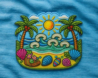 Ocean Wave Patch Iron-On Sew-On Coastal Surf Beach Badge Applique for Tote Bags Clothing Backpacks, Tropical Vibes, Travel Souvenir Vacation