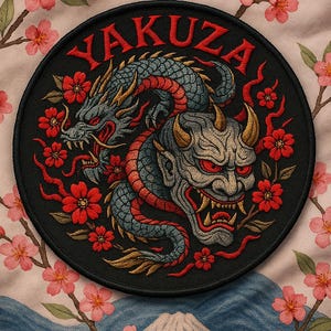 Op de afbeelding: Geborduurde patch met het woord "YAKUZA" in het rood, met een draak en een demon met rode ogen, omringd door rode bloemen. De patch is zwart en geplaatst tegen een bloemenachtergrond.