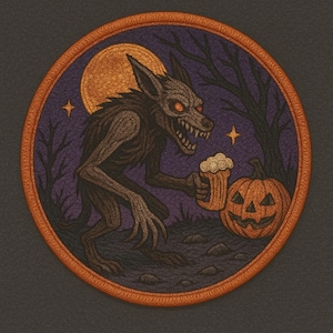 May include: Embroidered circular patch with a Halloween theme. It depicts a werewolf with a beer mug, a carved pumpkin, a full moon, and trees. The design is set against a purple background with an orange border. The color scheme includes brown, orange, and black.
