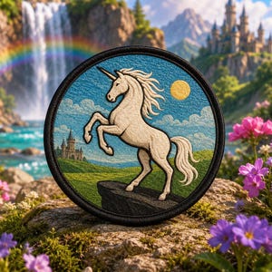 Può includere: Una toppa ricamata circolare raffigurante un unicorno bianco che si impenna su una roccia scura. Lo sfondo mostra un paesaggio verde, un castello in lontananza, un cielo blu con nuvole bianche e un sole giallo, il tutto bordato da un bordo nero.