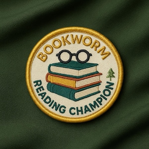 Könnte beinhalten: Gestickter Aufnäher mit den Worten "BOOKWORM READING CHAMPION" in einem kreisförmigen Design. Der Aufnäher zeigt einen Stapel Bücher, eine Brille und einen kleinen Baum. Der Aufnäher befindet sich auf einem dunkelgrünen Hintergrund.