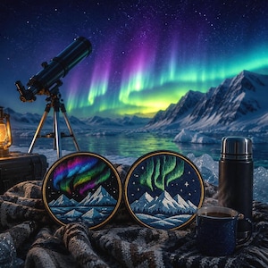 Könnte beinhalten: Eine nächtliche Szene mit Nordlichtern über einer schneebedeckten Bergkette. Ein Teleskop, eine Laterne und zwei gestickte Aufnäher mit den Nordlichtern befinden sich im Vordergrund. Eine Thermoskanne und eine Kaffeetasse vervollständigen die Szene.