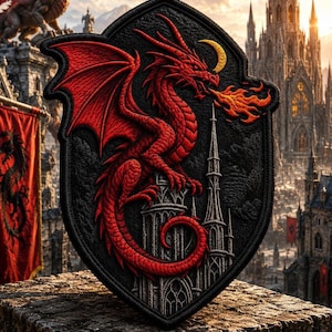 May include: A shield-shaped embroidered patch featuring a detailed red dragon perched atop a grey stone tower. The dragon has large wings, a long tail, and breathes orange fire. A yellow crescent moon is positioned above the dragon's head.