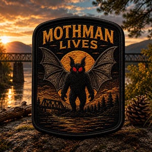 Puede incluir: Un parche bordado rectangular que presenta una figura negra de Mothman con ojos rojos brillantes y alas grandes. El fondo muestra una luna llena amarilla, un bosque oscuro y un puente. El texto MOTHMAN LIVES está bordado en dorado arriba.